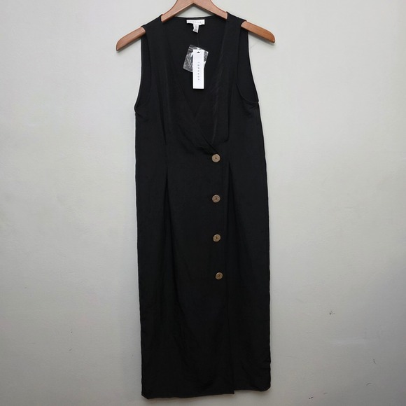 Topshop Black Midi Dress Sleeveless Button Front Collared Size 2 Casual - Picture 1 of 8